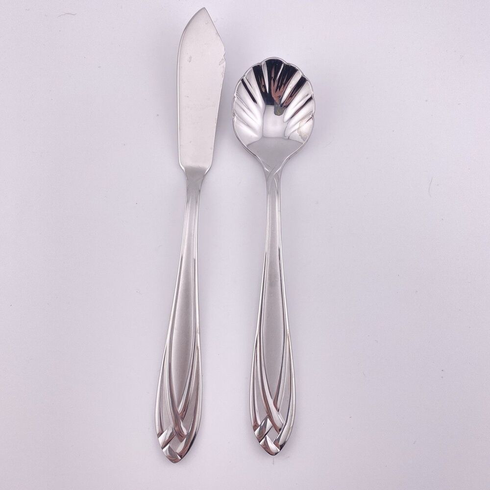 Hampton Silversmiths LACE FROSTED  Stainless Flatware Sugar Spoon & Butter Knife